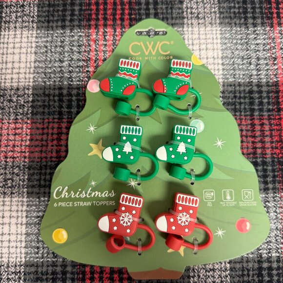 CWC Holiday Christmas Green & Red 6 Piece Silicone Stocking Straw Topper Set NWT - Picture 3 of 4